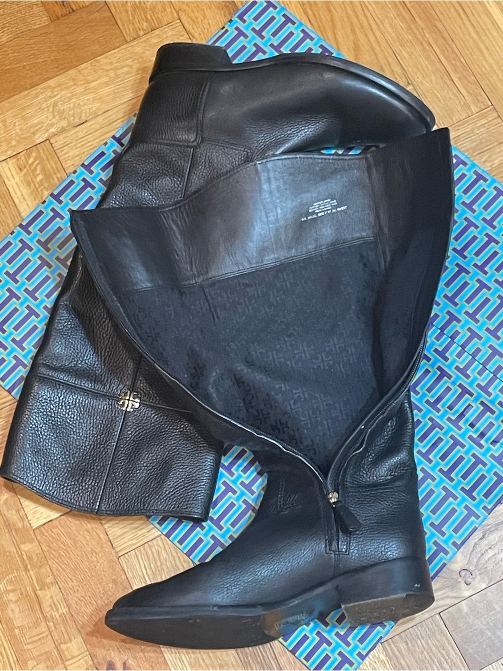 TORY BURCH~Pebbled Leather Logo Zip Black Riding Boots - Picture 8 of 13